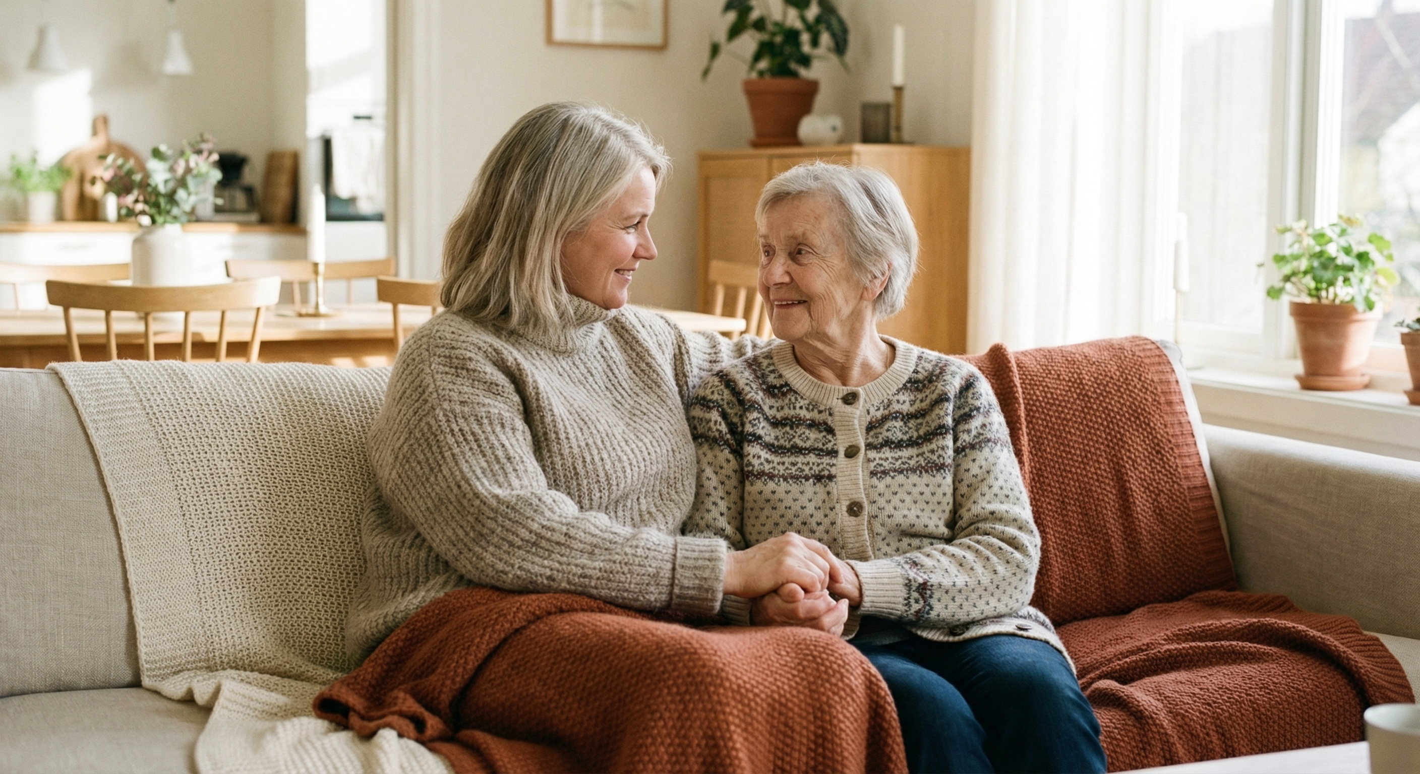 Datter og mamma holder hender i en koselig stue