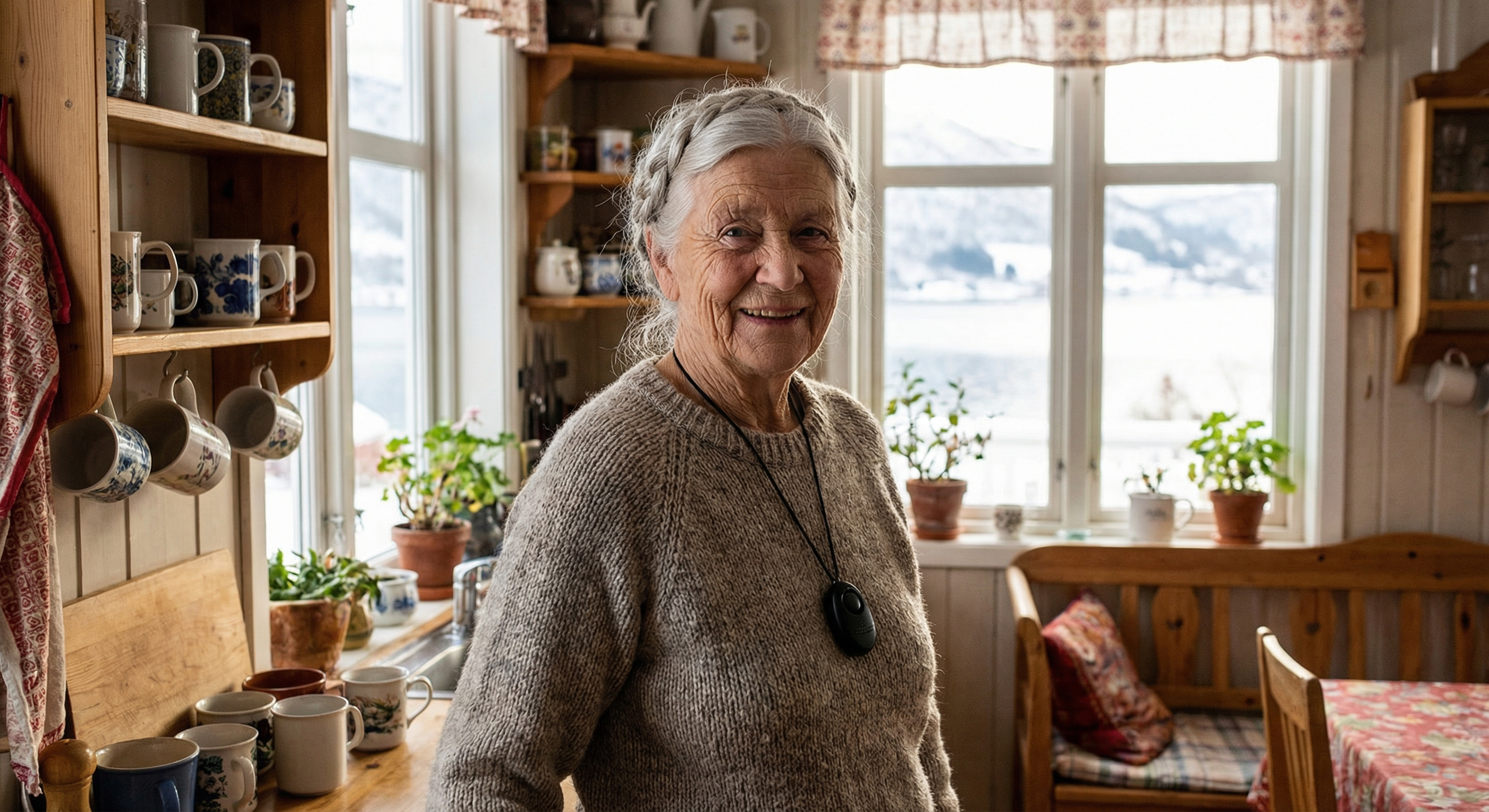 Eldre dame med trygghetsalarm i kjøkkenet